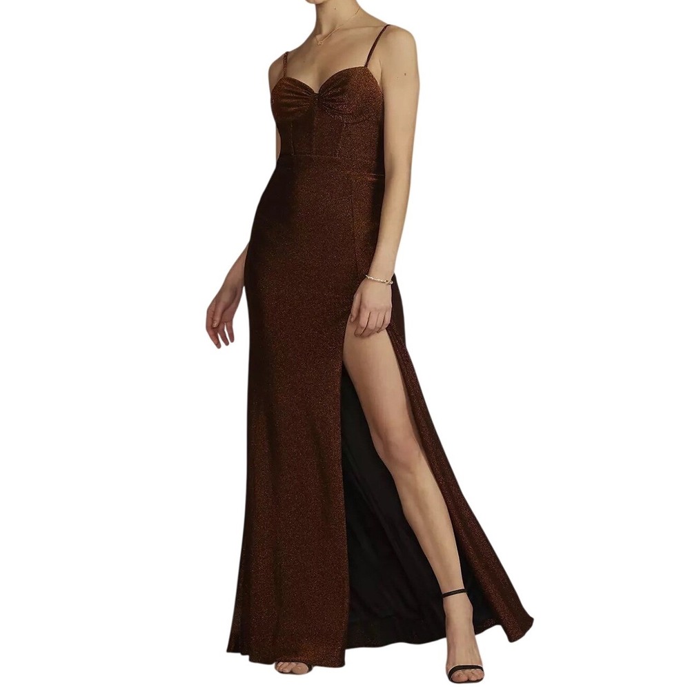 NWT Bronzed Glow Goddess Slit Maxi Sheath Corset Gown Womens 4 Metallic Shimmer